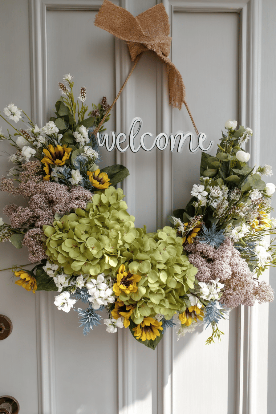 Türkranz mit Schriftzug und bunten Sommerblumen.