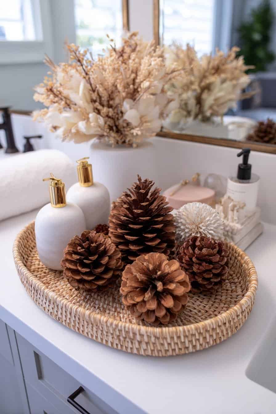 Geflochtenes Tablett mit Tannenzapfen und weißen Seifenspendern auf einem Badezimmerwaschtisch