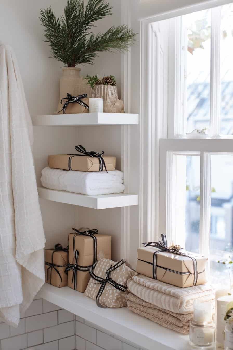 Kleine, schlicht verpackte Geschenke mit schwarzem Band auf Badezimmerregalen neben Handtüchern und Winterdeko