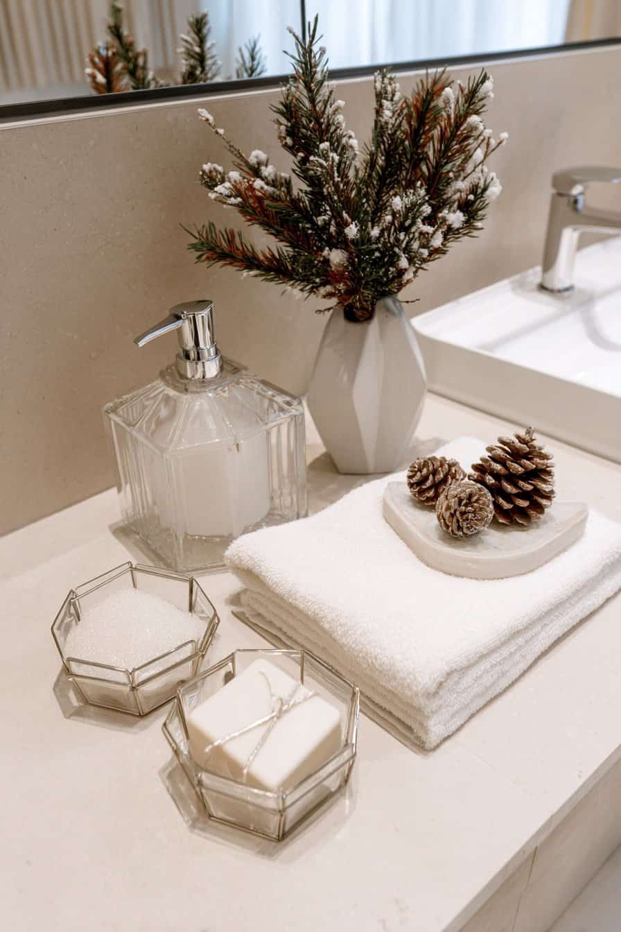 Winterliches Badezimmer-Deko-Arrangement mit Seifenspender, Handtüchern, Seife und Tannenzweigen