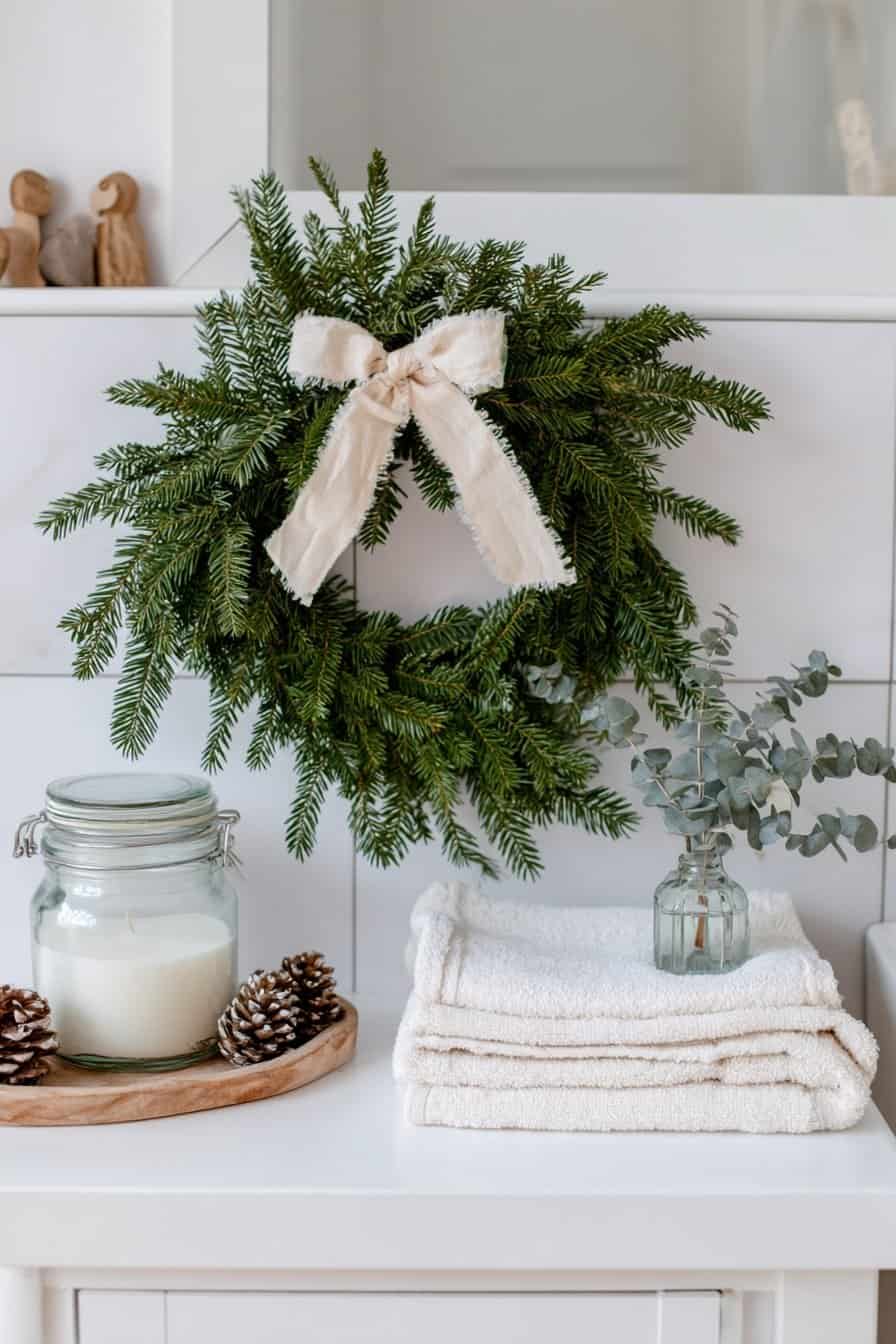 Winterkranz aus Tannenzweigen mit Schleife über Kerze und Handtüchern im Badezimmer
