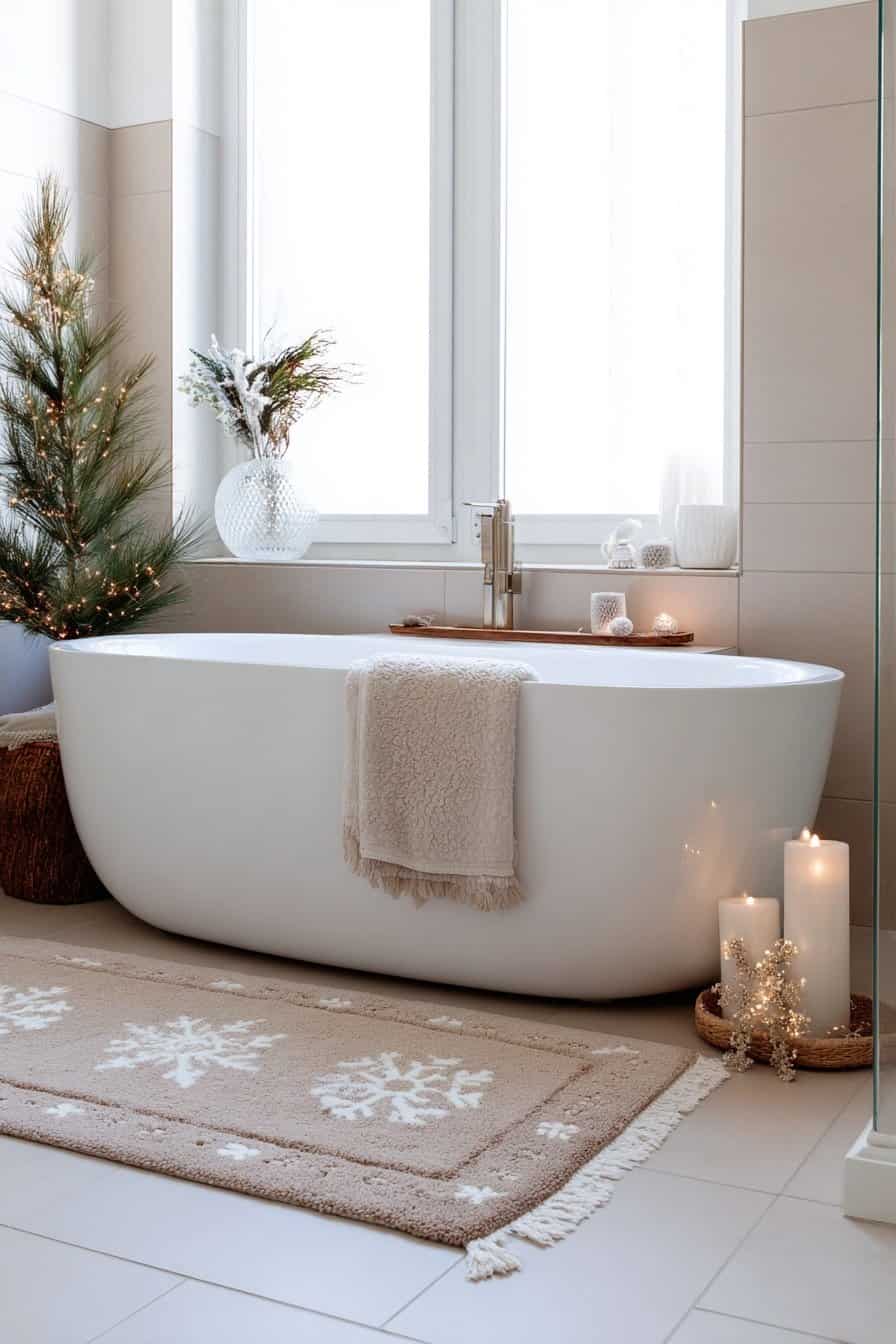 Beiges Badezimmer mit Schneeflocken-Badvorleger und winterlicher Deko