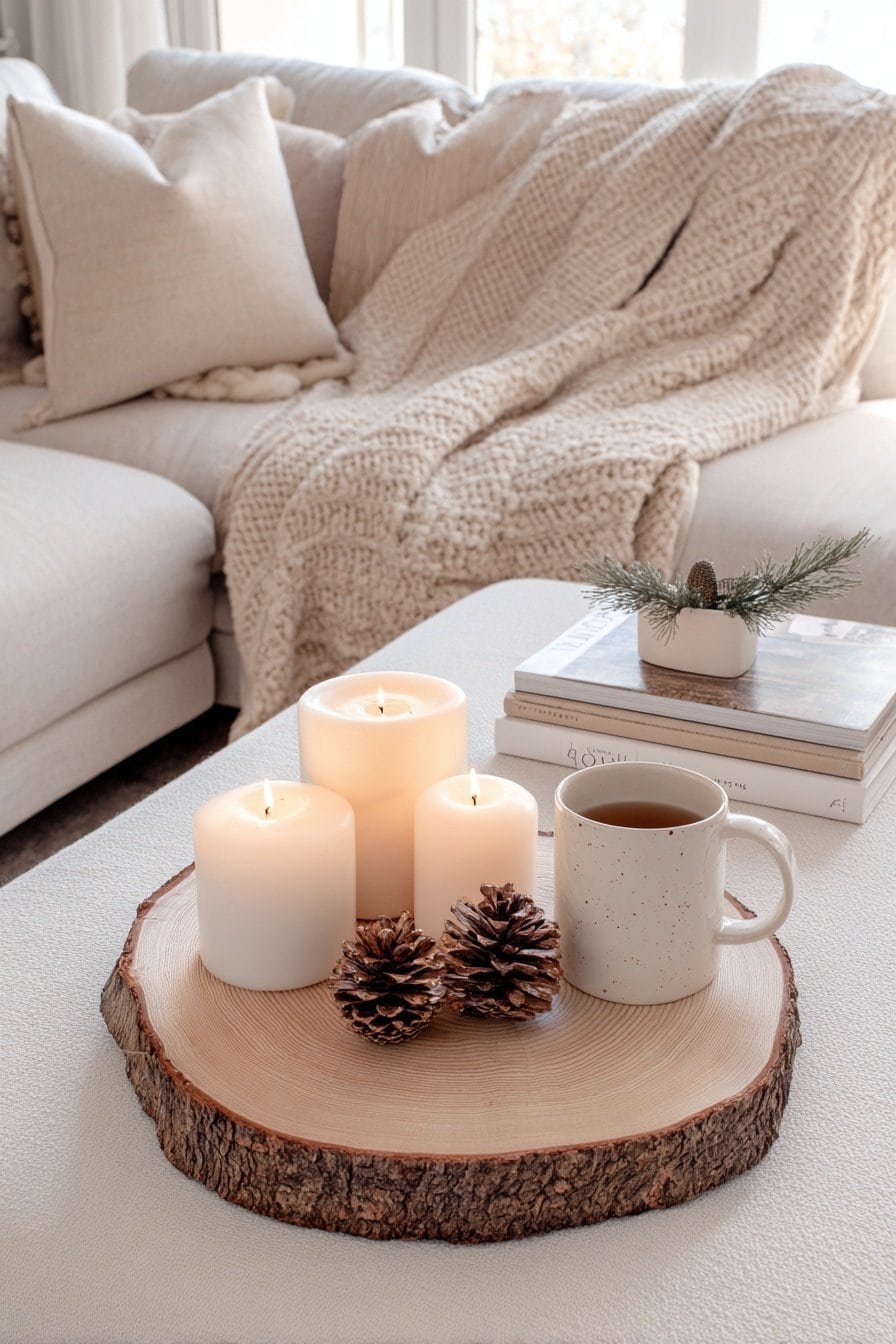 Kerzen, Zapfen und eine Tasse Tee auf einer Baumscheibe im gemütlichen Wohnzimmer