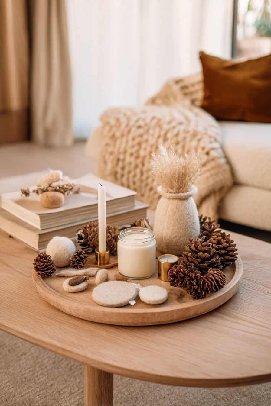 Winterliche Couchtisch-Deko mit Filzanhängern, Kerzen und Naturmaterialien