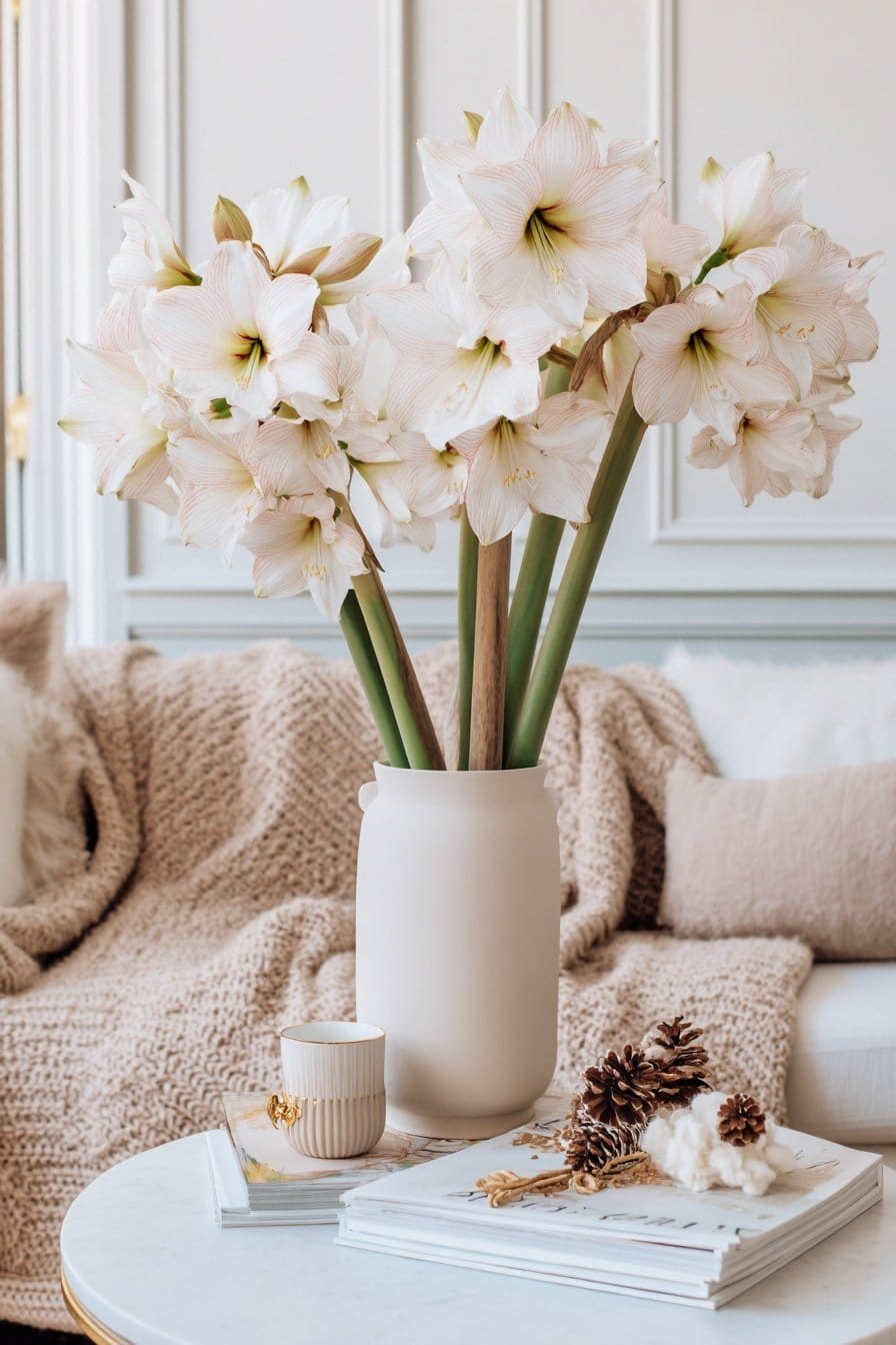 Vase mit Amaryllis, Tasse und Deko auf Couchtisch im Winterlook