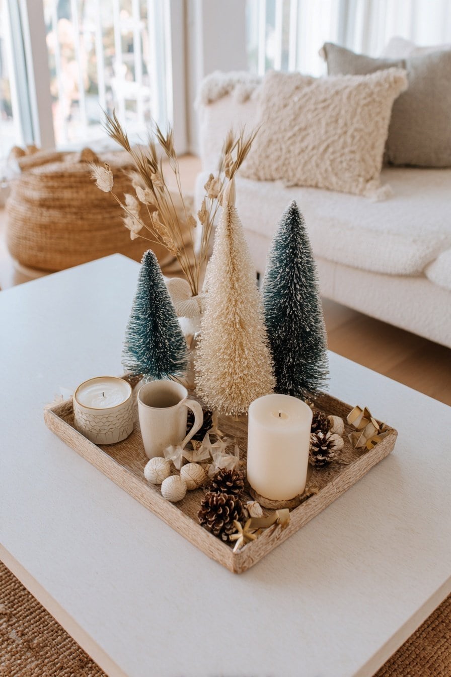 Winterliche Tischdeko mit Mini-Tannenbäumen, Kerzen und Naturmaterialien