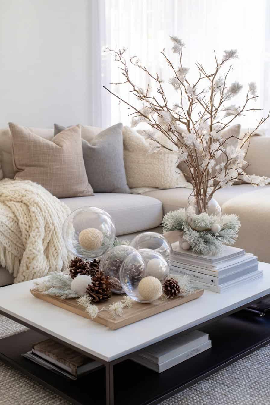 Winterlich dekorierter Couchtisch mit Glasornamenten, Schneezweigen und Tannenzapfen vor heller Couch