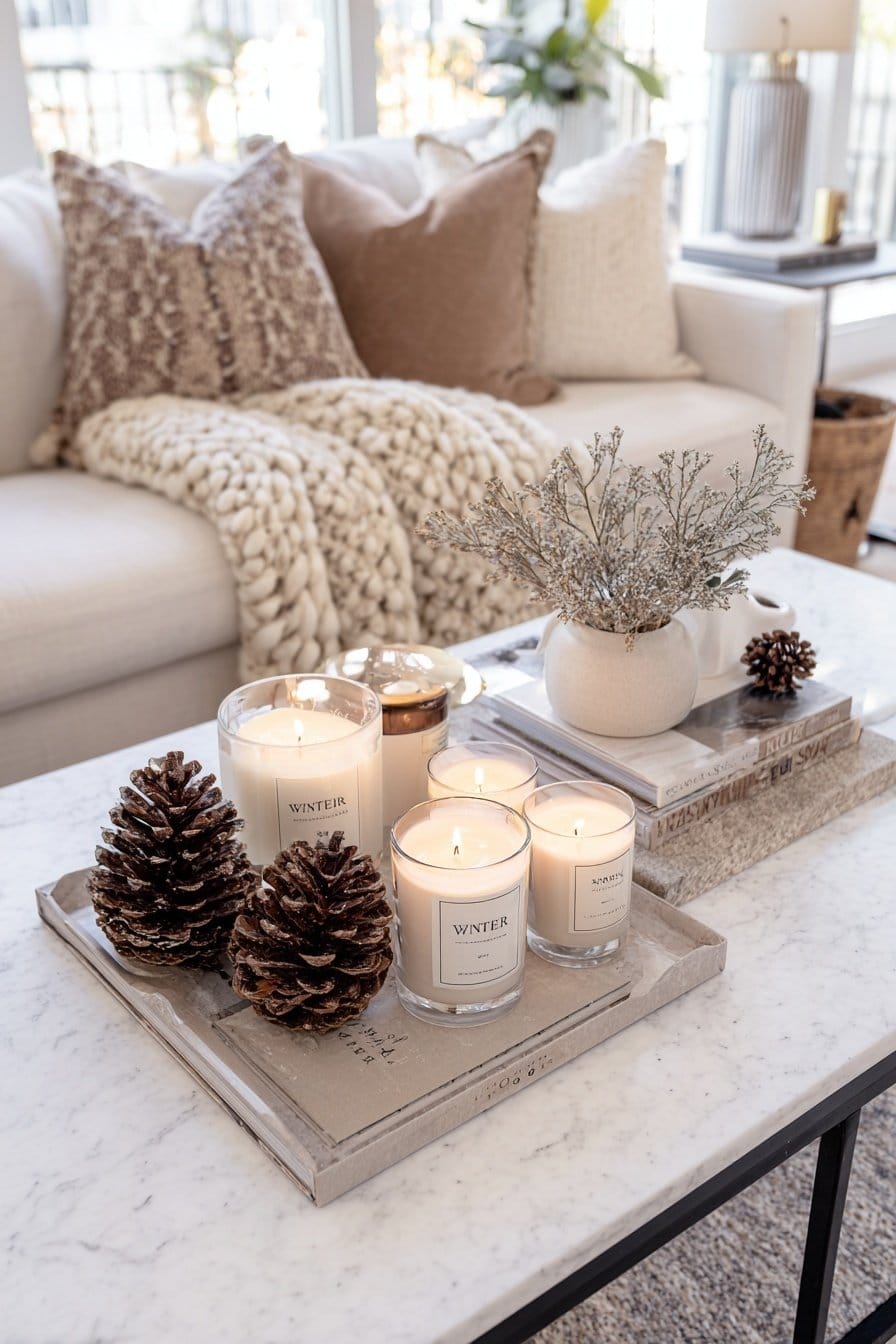Winterliche Couchtisch-Deko mit Kerzen, Tannenzapfen und Trockenblumen auf Tablett