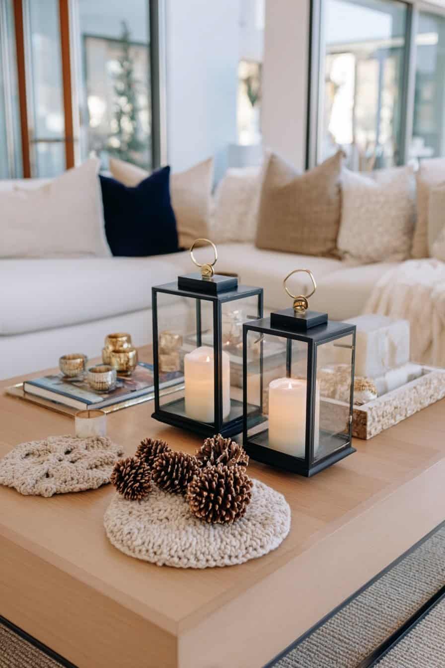 Zwei kleine schwarze Laternen mit Teelichtern auf einem Couchtisch, umgeben von Tannenzapfen, Deko und kuscheligen Kissen