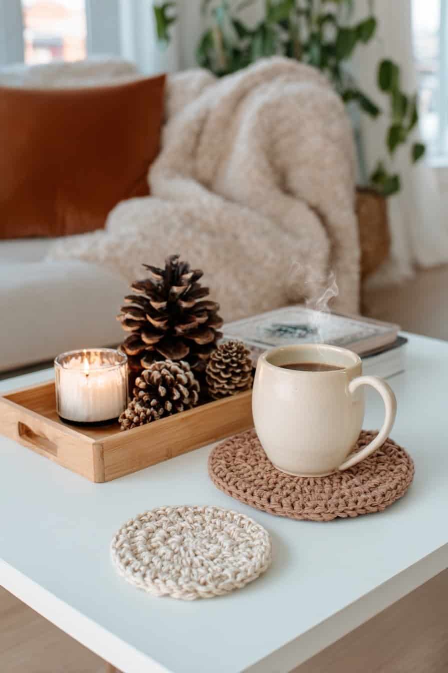 Tasse auf handgestricktem Untersetzer neben Winterdeko mit Kerze und Zapfen