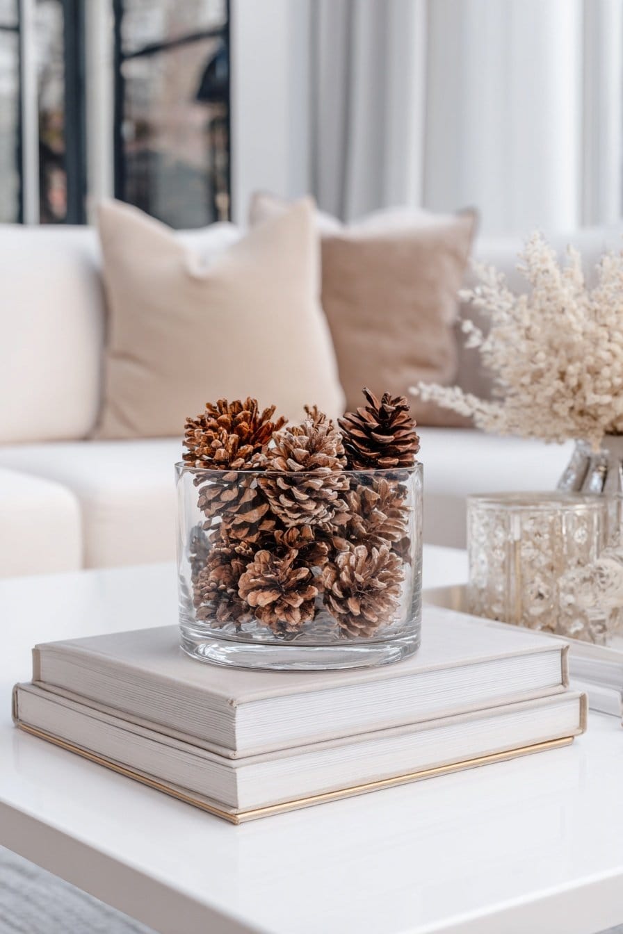 Glasgefäß mit Tannenzapfen auf zwei Büchern als Couchtisch Deko im Winter