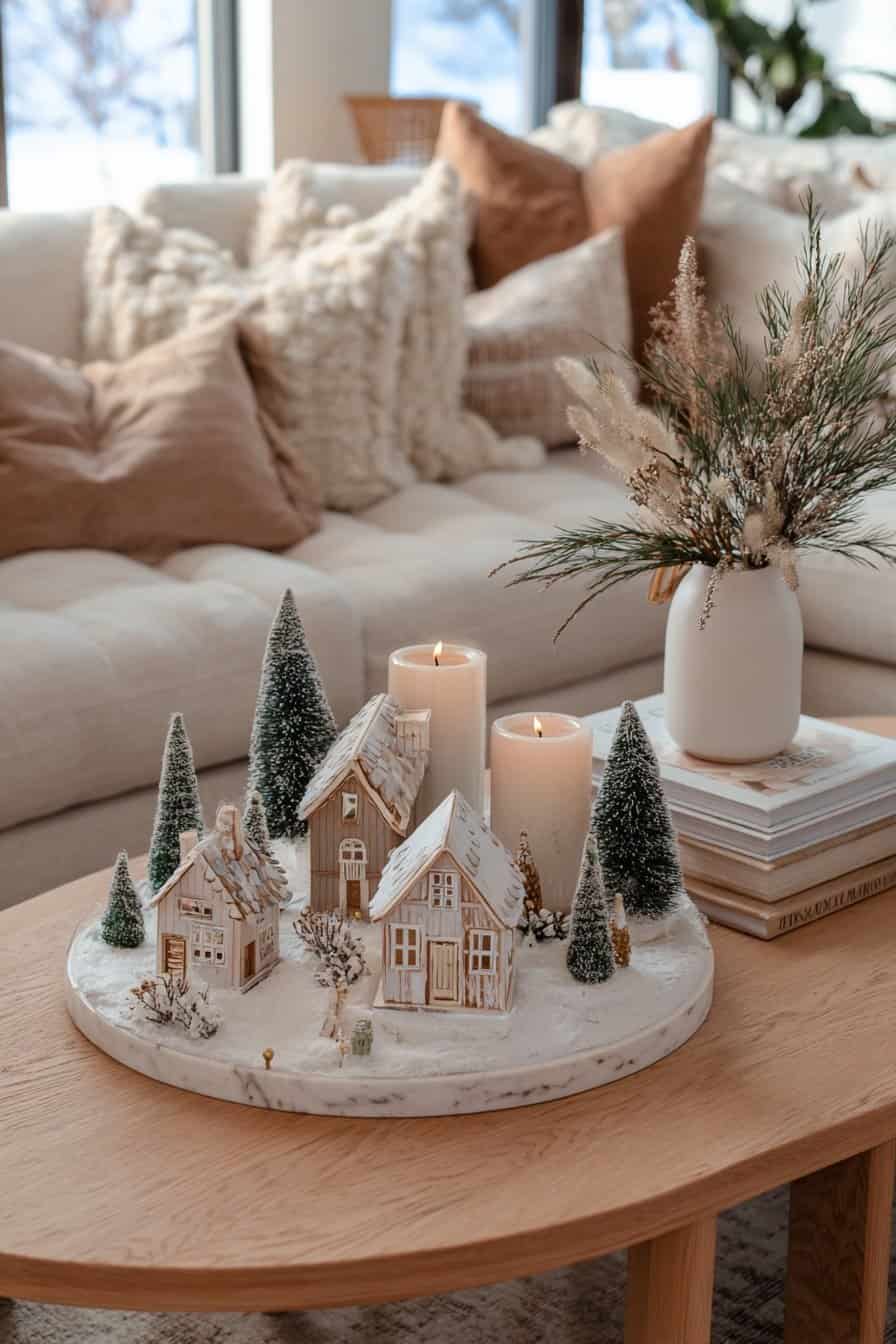 Miniatur-Winterdorf mit Kerzen und Bäumchen auf einem Couchtisch