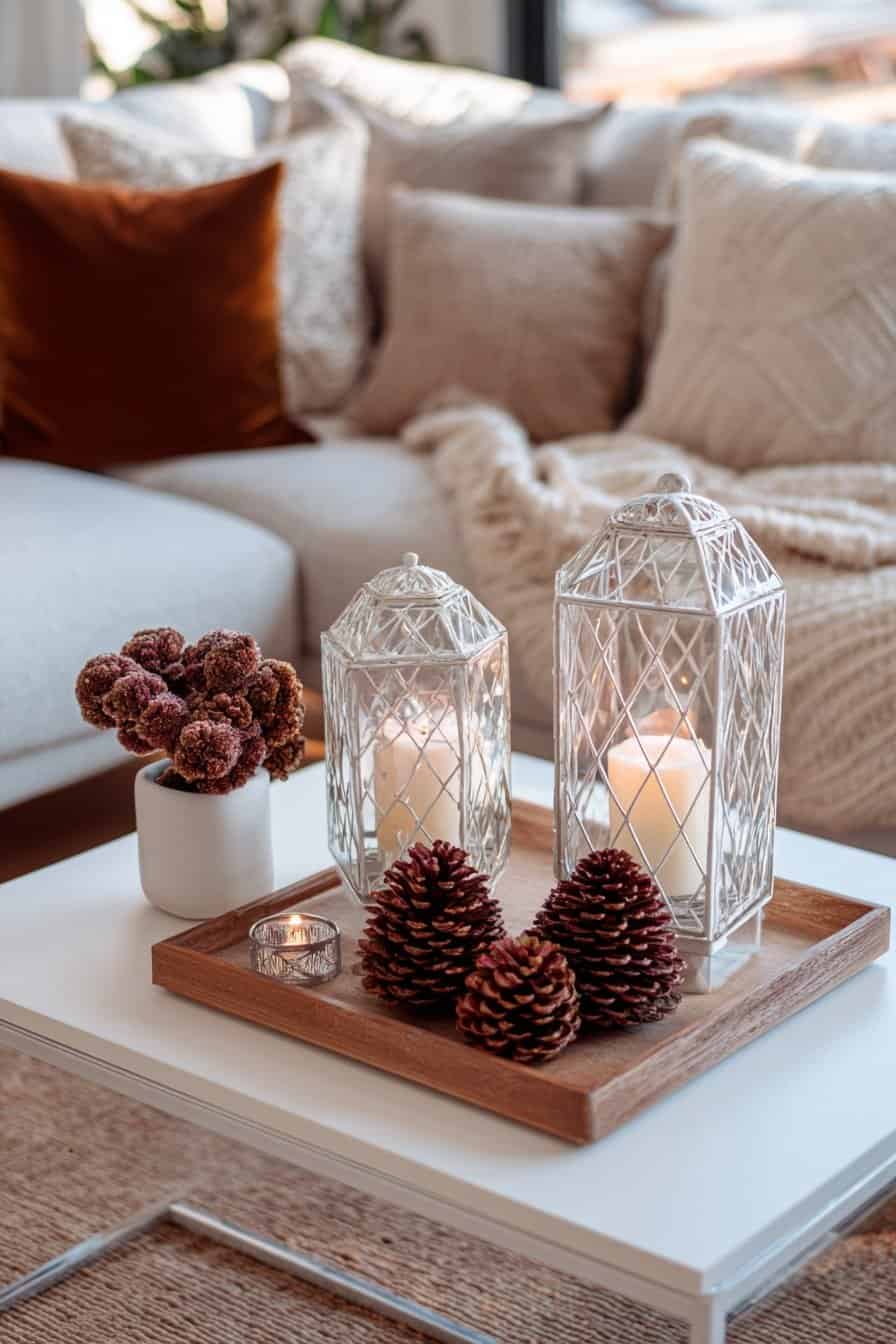 Zwei weiße Windlichter mit Kerzen auf einem Tablett, kombiniert mit Tannenzapfen und Trockenblumen auf einem Couchtisch