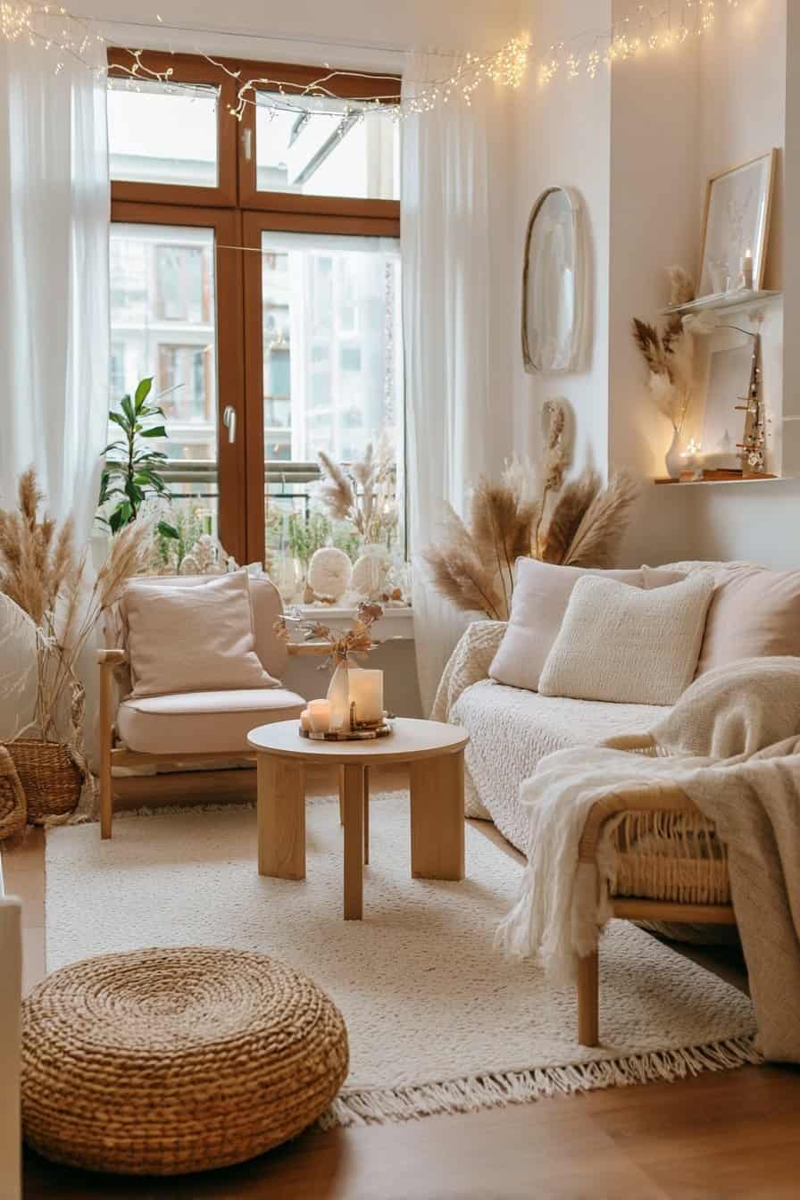 Gemütlich dekoriertes Wohnzimmer mit Lichterketten und Kerzen im skandinavischen Stil