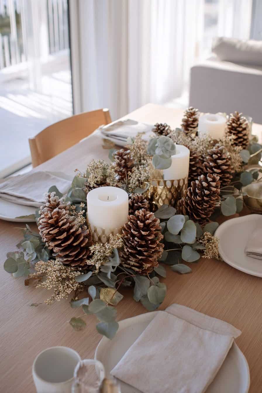 Skandinavische Tischdeko mit Tannenzapfen, weißen Kerzen und Eukalyptuszweigen