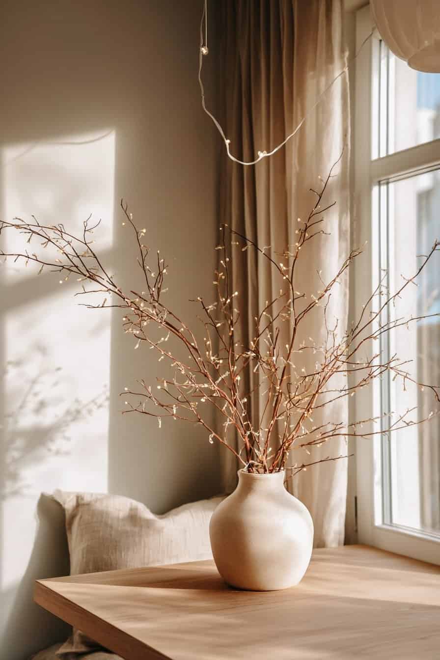 Helle Keramikvase mit beleuchteten Zweigen auf Holzoberfläche am Fenster
