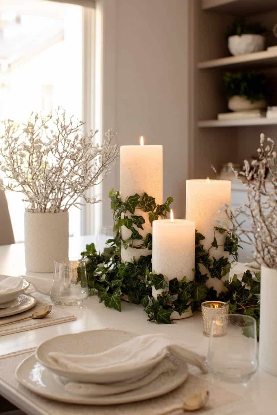 Weiße Tischkerzen umgeben von frischem Efeu auf gedecktem Tisch