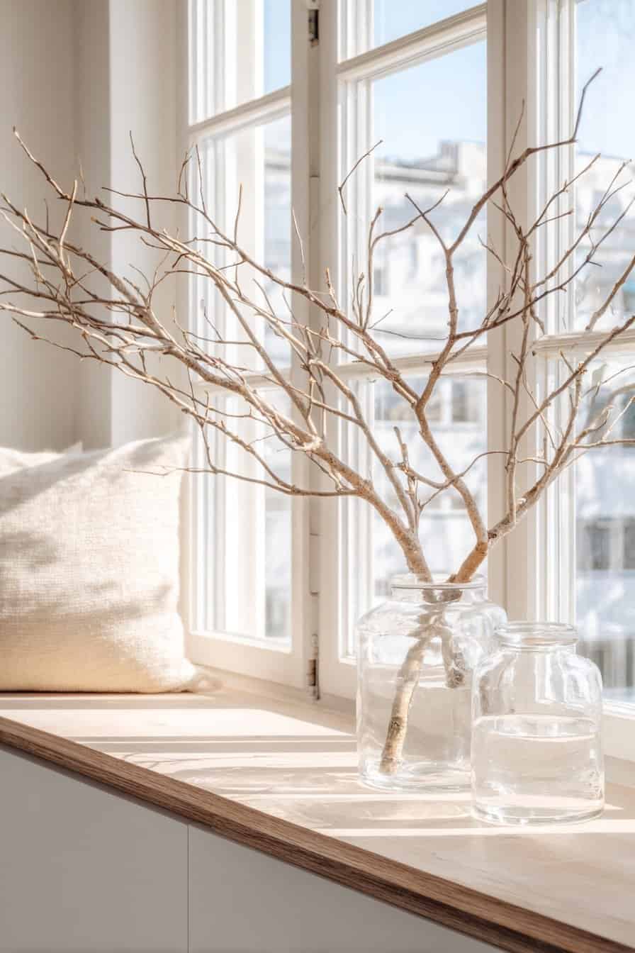 Zwei Glasvasen mit trockenen Ästen auf einer Fensterbank vor hellem Tageslicht