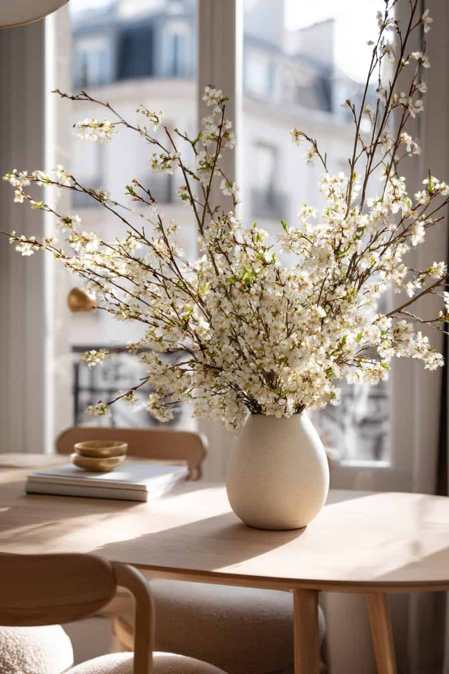 Zweige mit weißen Blüten in einer hellen Vase auf einem Holztisch