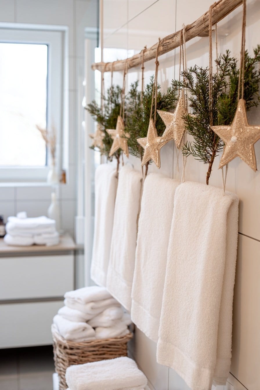 Holzstab mit Sternen und Tannenzweigen als Deko über weißen Handtüchern im Badezimmer