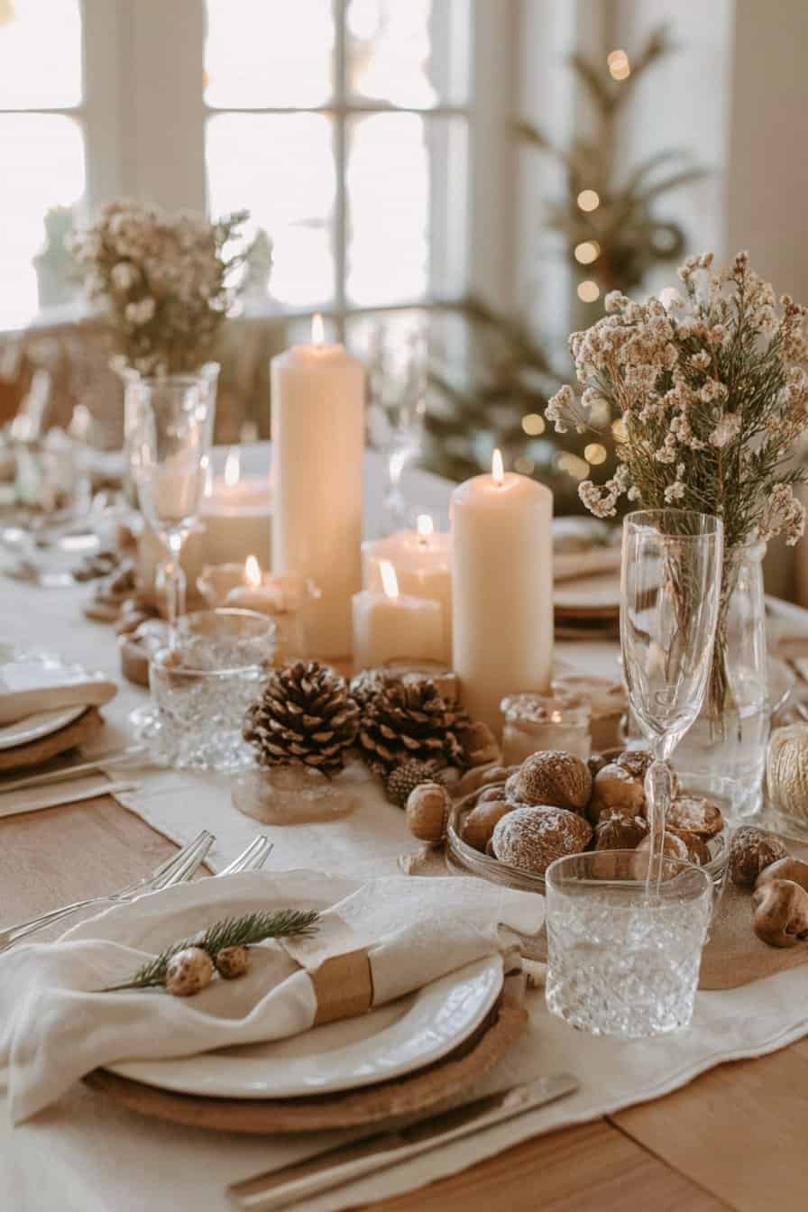 Winterliche Tischdeko mit Kerzen, Gläsern, Nüssen und Zapfen