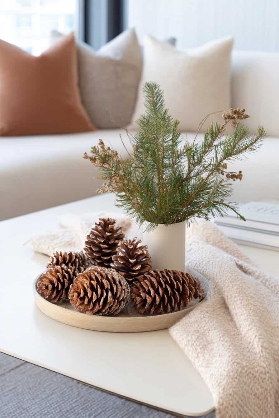 Kiefernzapfen und Tannenzweig in Vase auf dekorativem Couchtisch