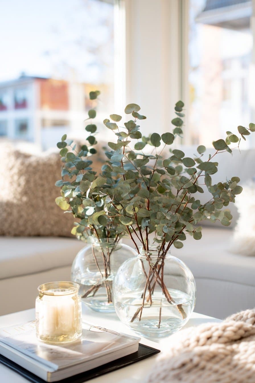 Zwei runde Glasvasen mit Eukalyptuszweigen auf einem Couchtisch im Winterlicht