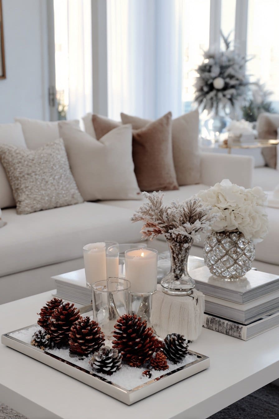 Winterlich dekorierter Couchtisch mit Kerzen, Tannenzapfen und Kunstschnee