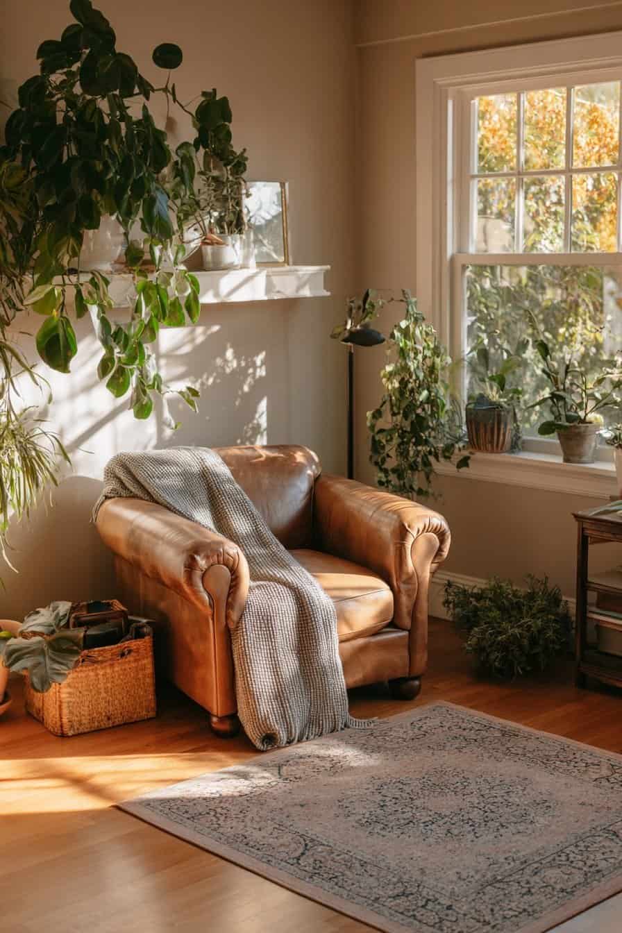 Gemütlicher Leder-Clubsessel mit Decke, umgeben von Zimmerpflanzen und Sonnenlicht
