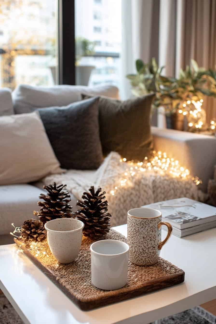 Winterliche Couchtisch-Deko mit Tannenzapfen, Tassen und warmweißen Lichterketten