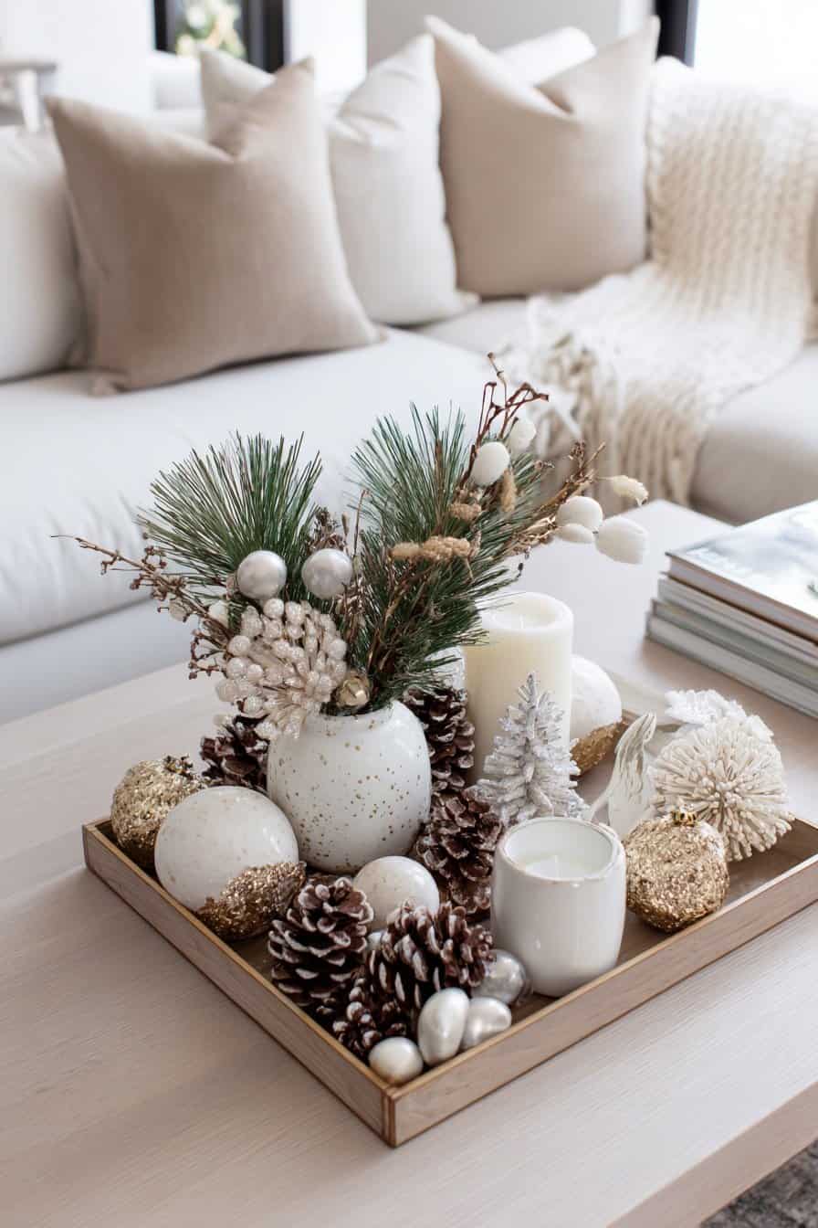 Winterliche Deko auf einem Holztablett mit Kerzen, Tannenzapfen, Kugeln und Zweigen