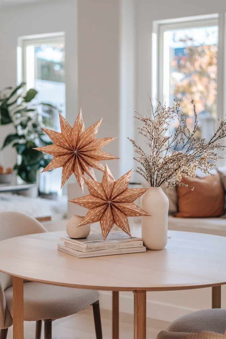 Zwei braune Papiersterne und Trockenblumen in Vasen auf einem runden Holztisch
