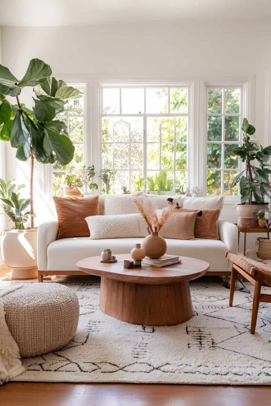 Gemütliches Wohnzimmer mit Retro-Holztisch, cremefarbenem Sofa und vielen Pflanzen