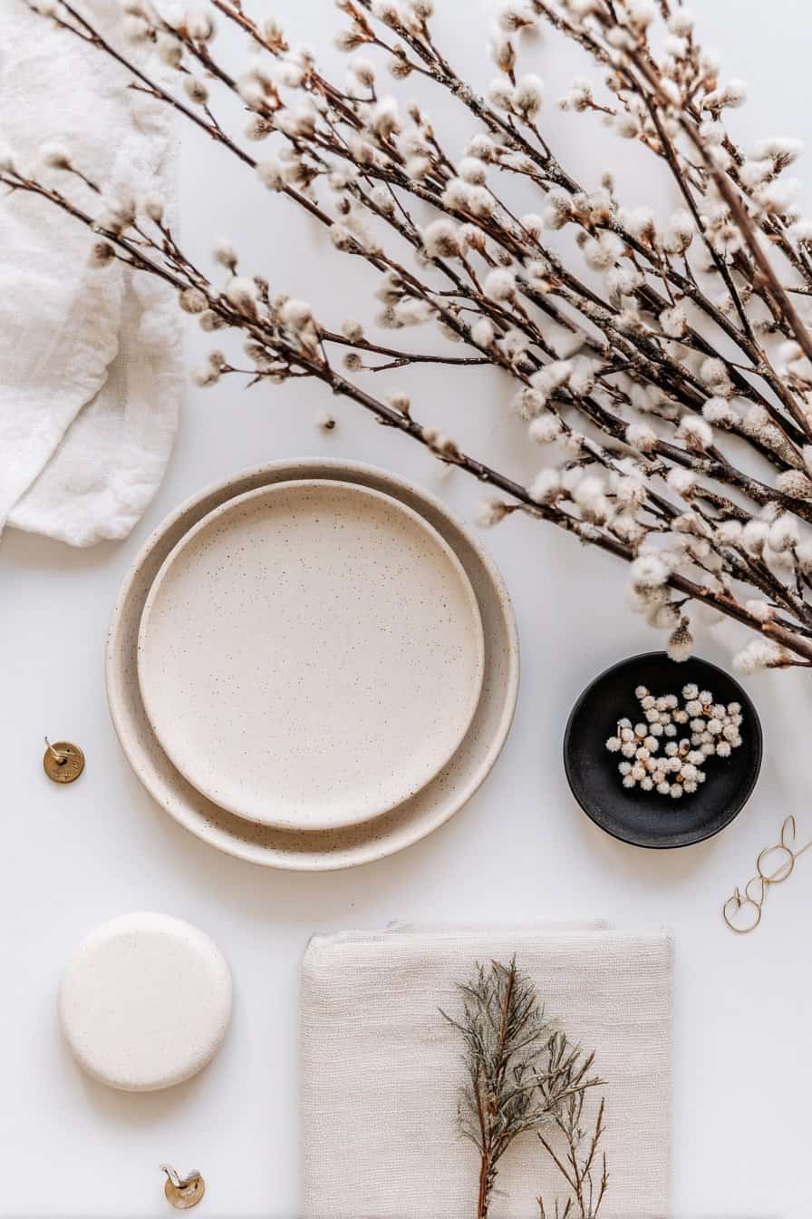 Natürlich dekorierter Tisch mit Ästen, Keramikgeschirr, Leinen und kleinen Trockenblumen