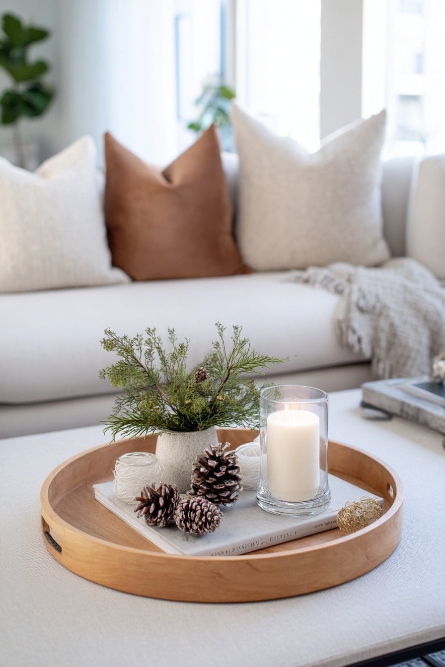 Winterliche Deko mit Kerze, Tannenzweigen und Zapfen auf rundem Holztablett