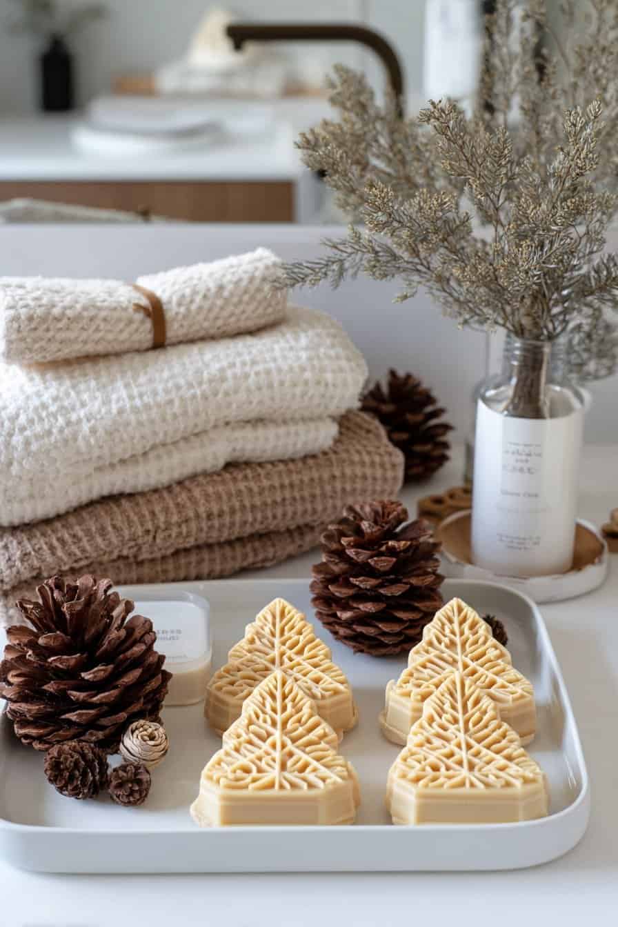 Tannenbaumförmige Seifen mit Kiefernzapfen und Handtüchern im Badezimmer