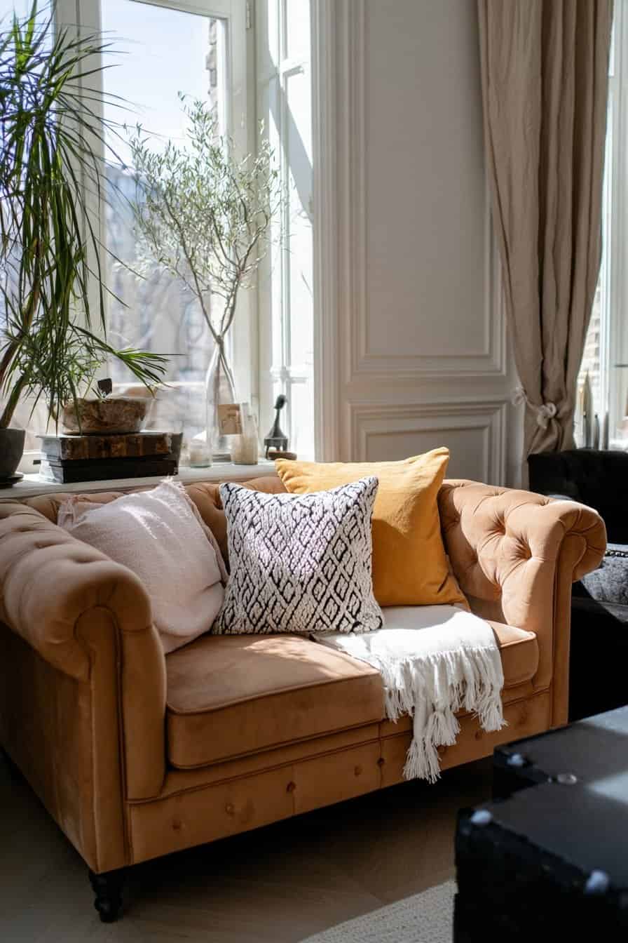 Ein hellbraunes Chestersofa mit Kissen vor einem Fenster mit Pflanzen