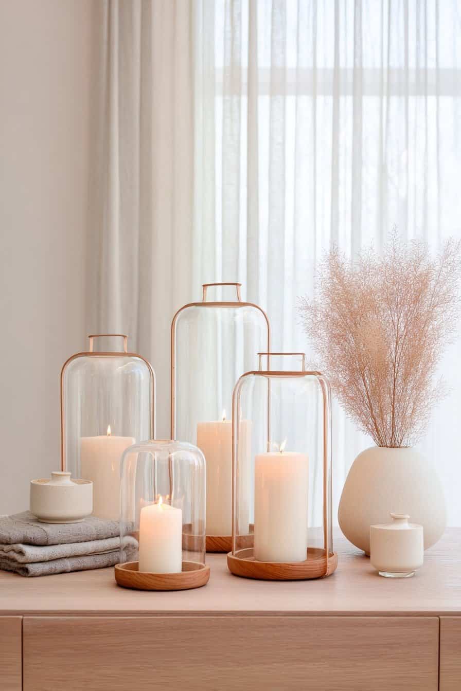 Weiße Kerzen in klaren Glaswindlichtern mit Holzsockel auf heller Kommode