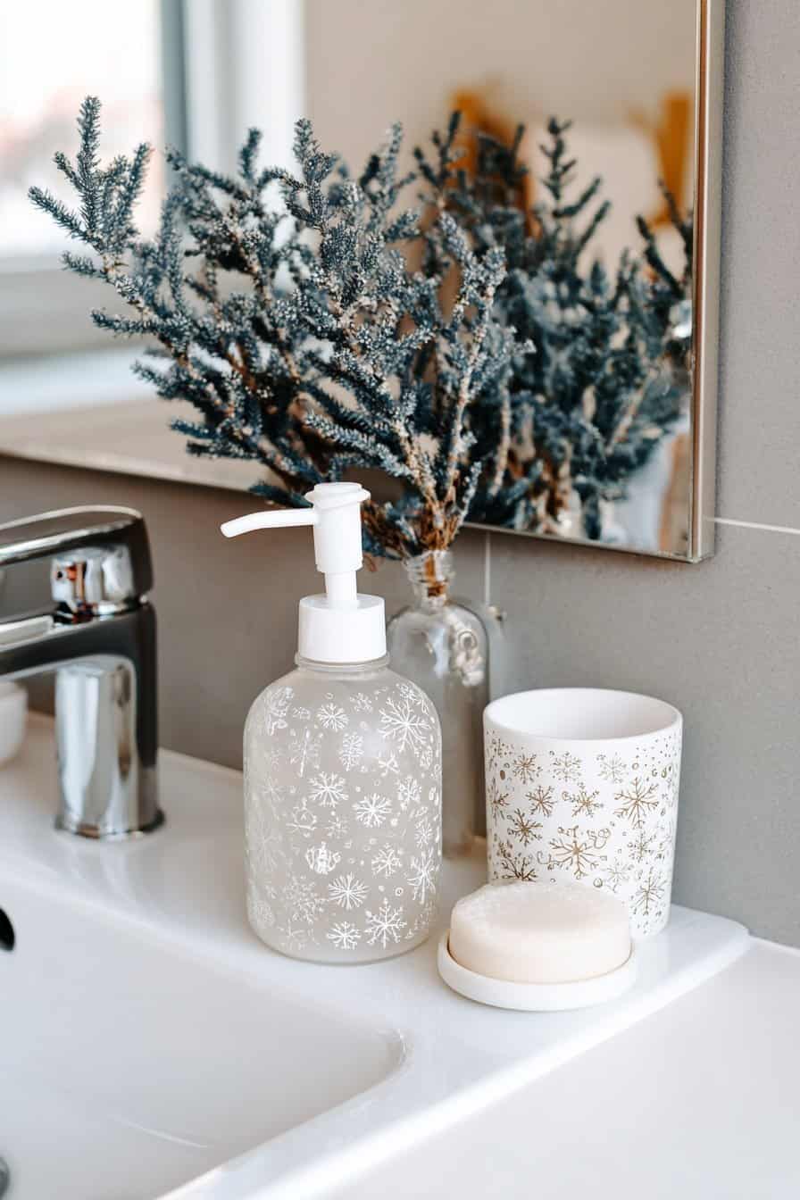 Winterlich dekorierter Waschbeckenbereich mit Seifenspender und Becher im Schneeflockenmotiv
