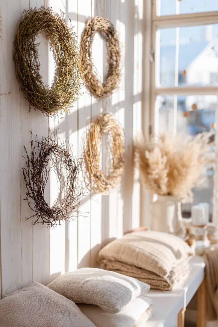 Vier Naturkränze aus Zweigen hängen an einer hellen Holzwand im skandinavischen Stil