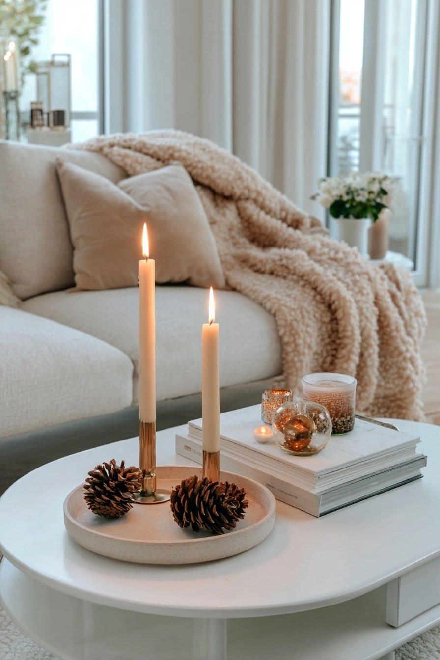 Zwei brennende Tafelkerzen in goldenen Haltern mit Tannenzapfen auf einem Couchtisch