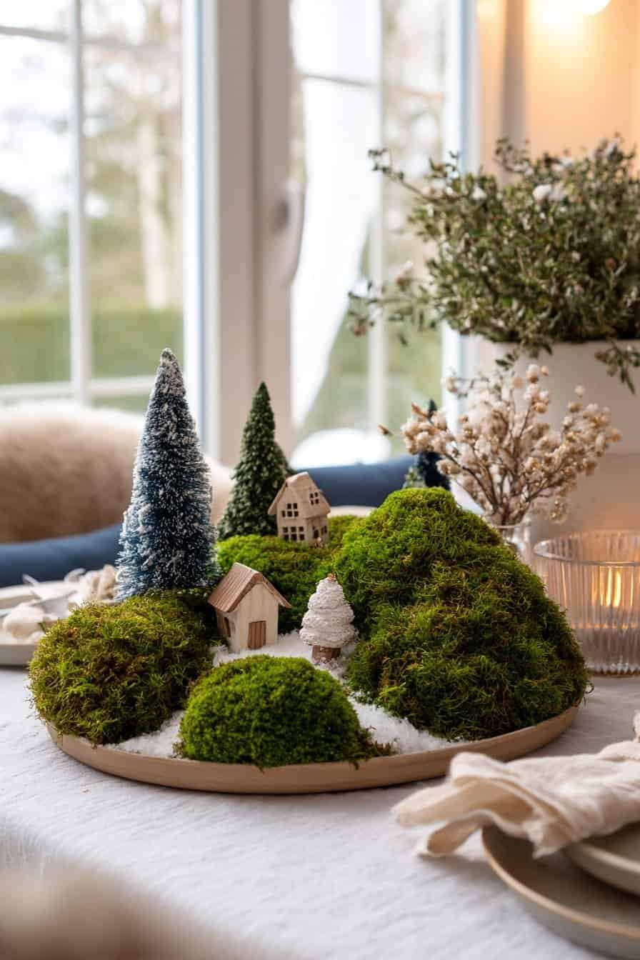 Tablett mit Miniaturhäusern, Bäumen und Moos als Winterdeko