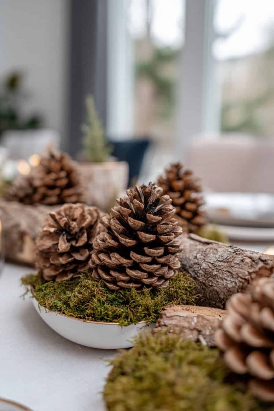 Tannenzapfen auf Moosbett und Treibholz als Tischdeko