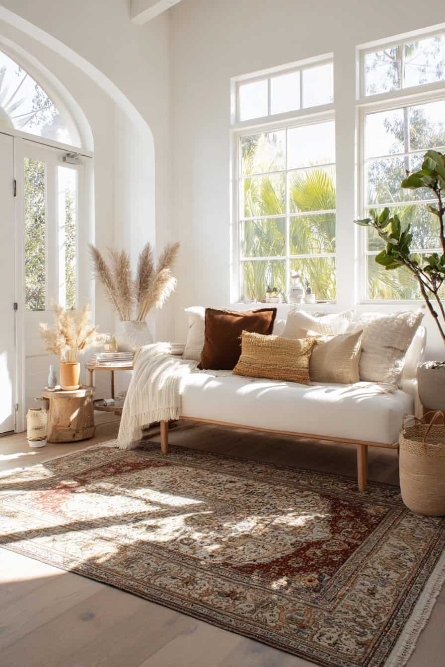 Wohnzimmer mit orientalischem Vintage-Teppich, Naturdeko und beiger Couch