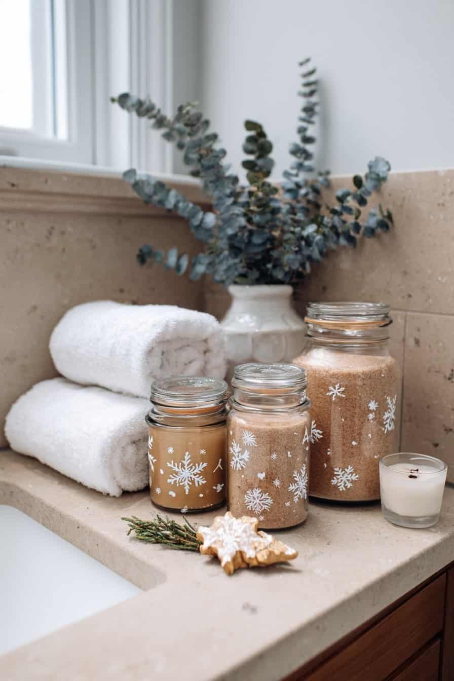 Weihnachtlich bemalte Gläser neben Handtüchern und Deko auf einem Badewannenrand