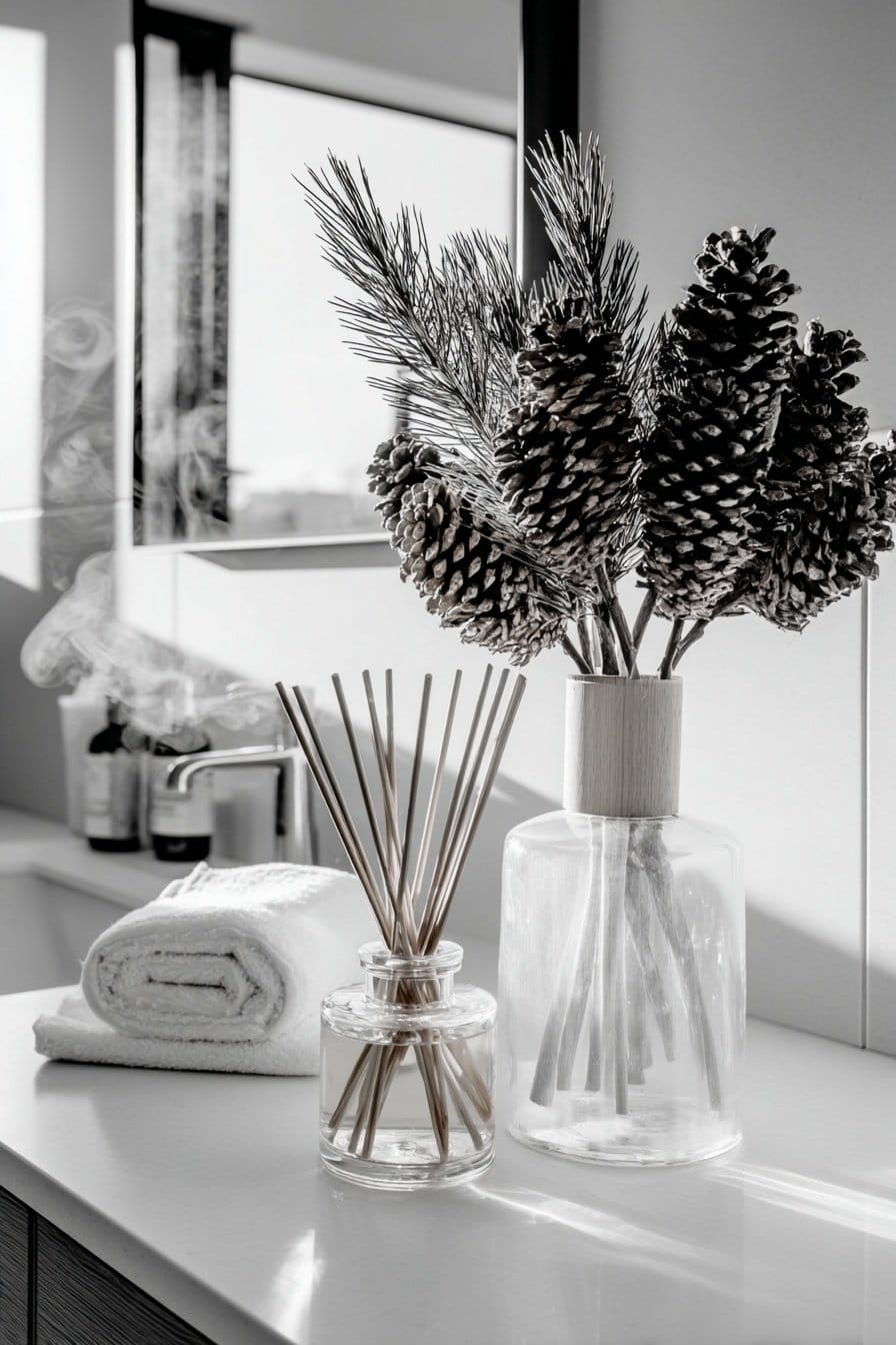 Diffusor mit Holzstäbchen und winterlicher Deko aus Tannenzweigen und Zapfen im Badezimmer