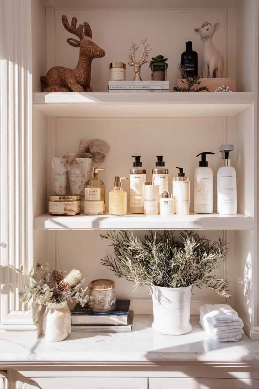 Dekorative Weihnachtsfiguren wie Rentiere und ein Engel auf Badezimmerregalen
