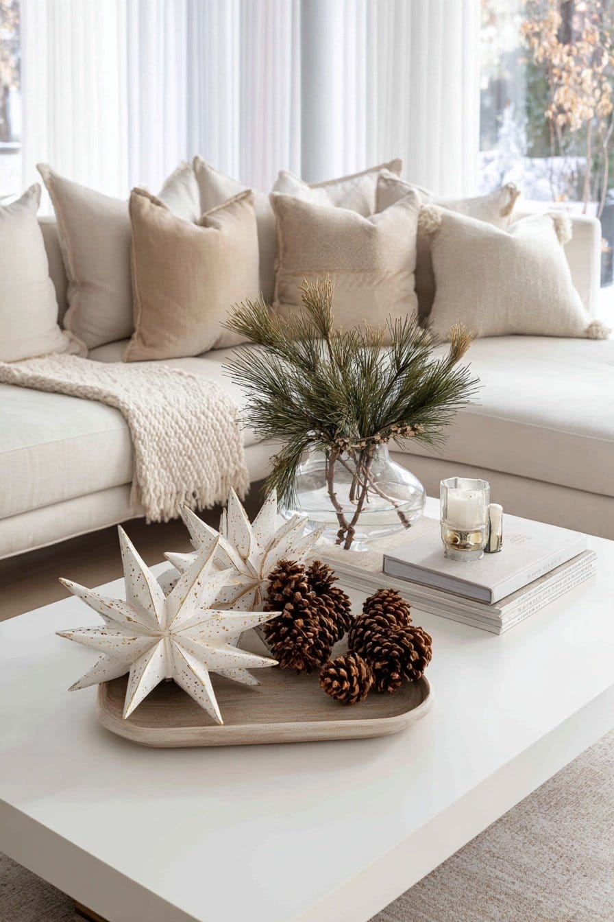 Winterliche Tischdeko mit weißen Keramiksternen, Zapfen und Tannenzweigen