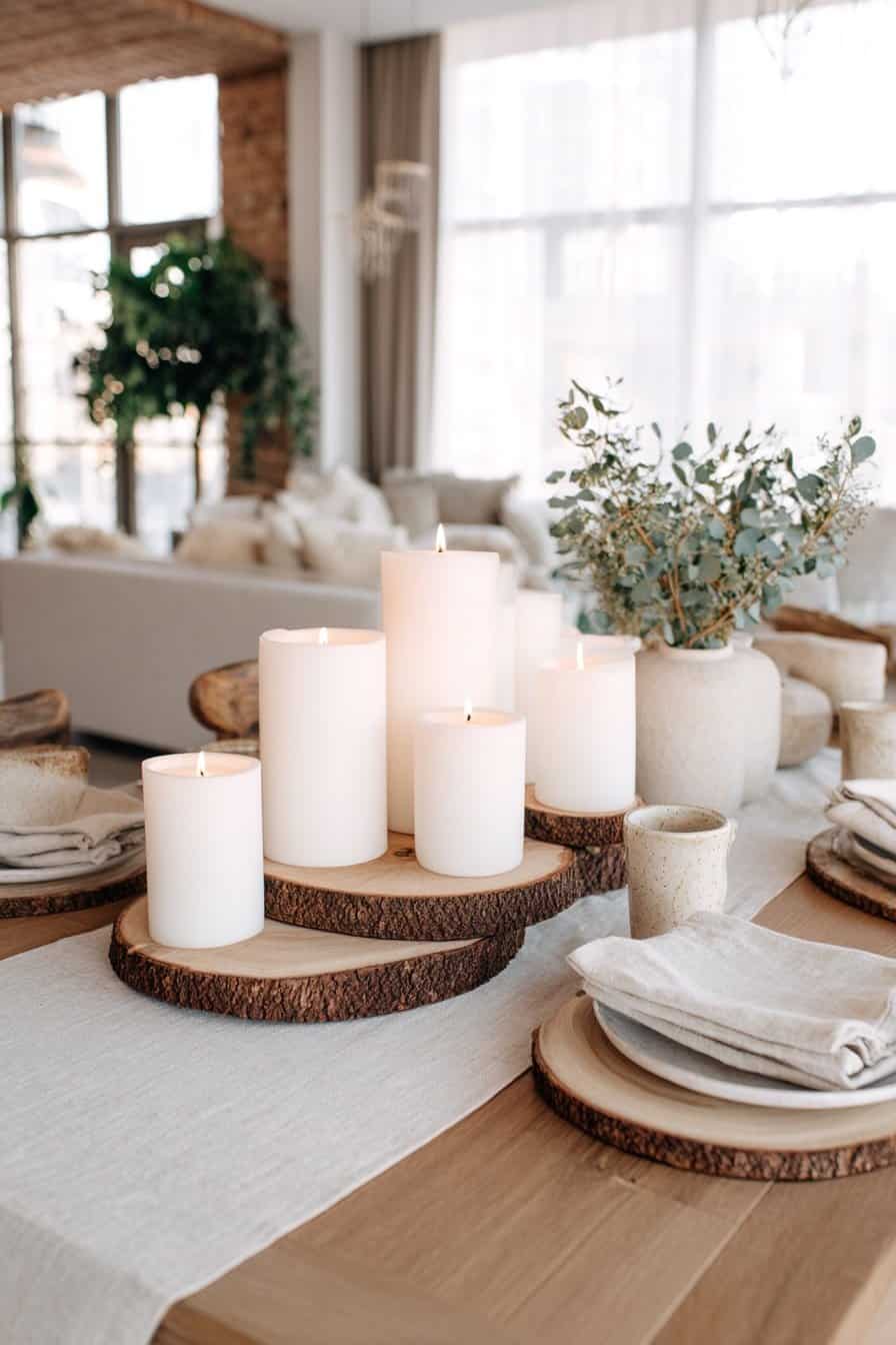 Weiße Stumpenkerzen auf rustikalen Holzscheiben als Tischdeko