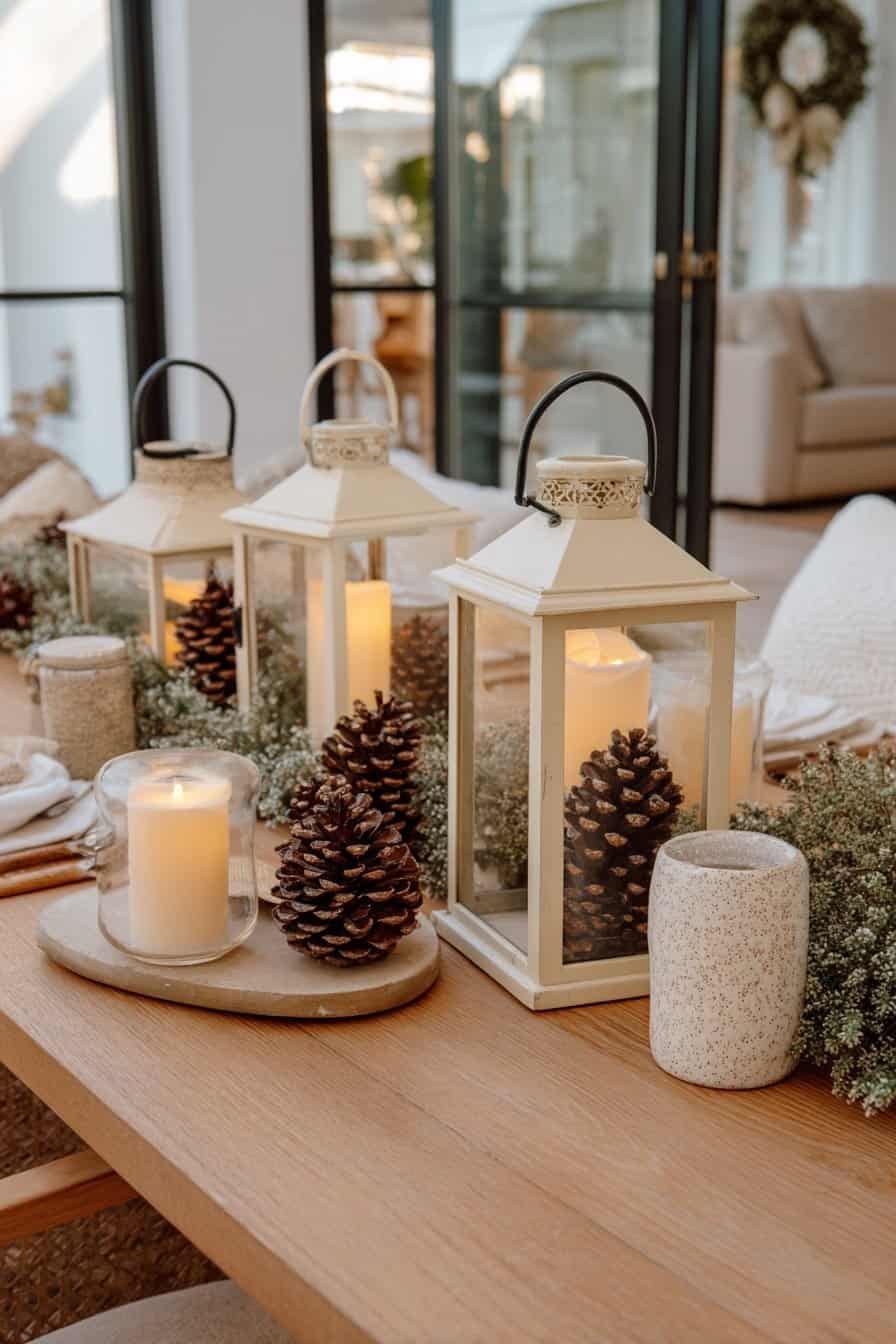 Dekorativ arrangierte weiße Windlichter mit Kerzen und Tannenzapfen auf einem Holztisch